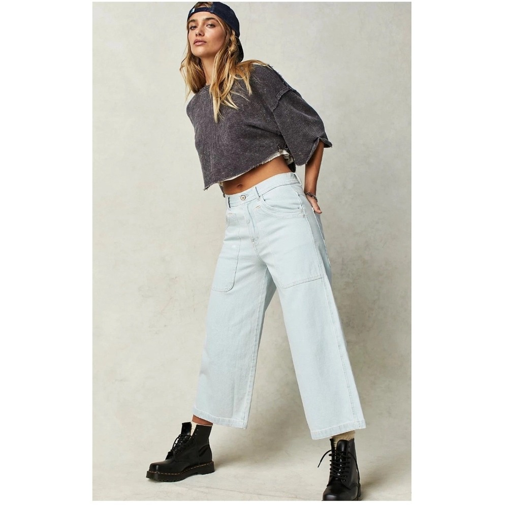 Free People High-Rise Wide-Leg Cropped Jeans in Light Wash